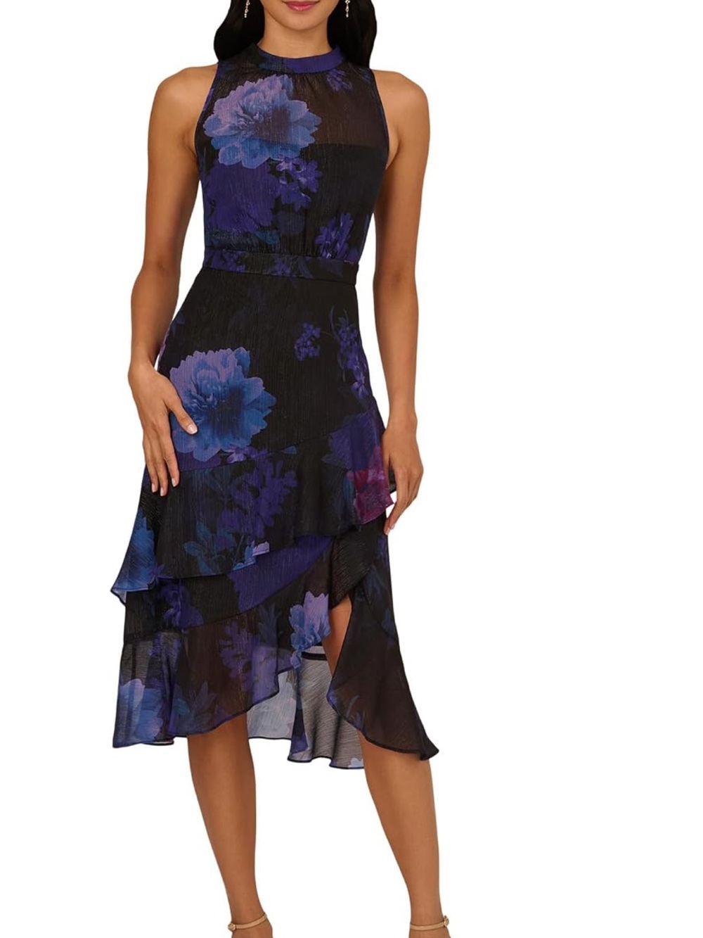 Adrianna Papell Black Dress with Blue & Purple Floral Print